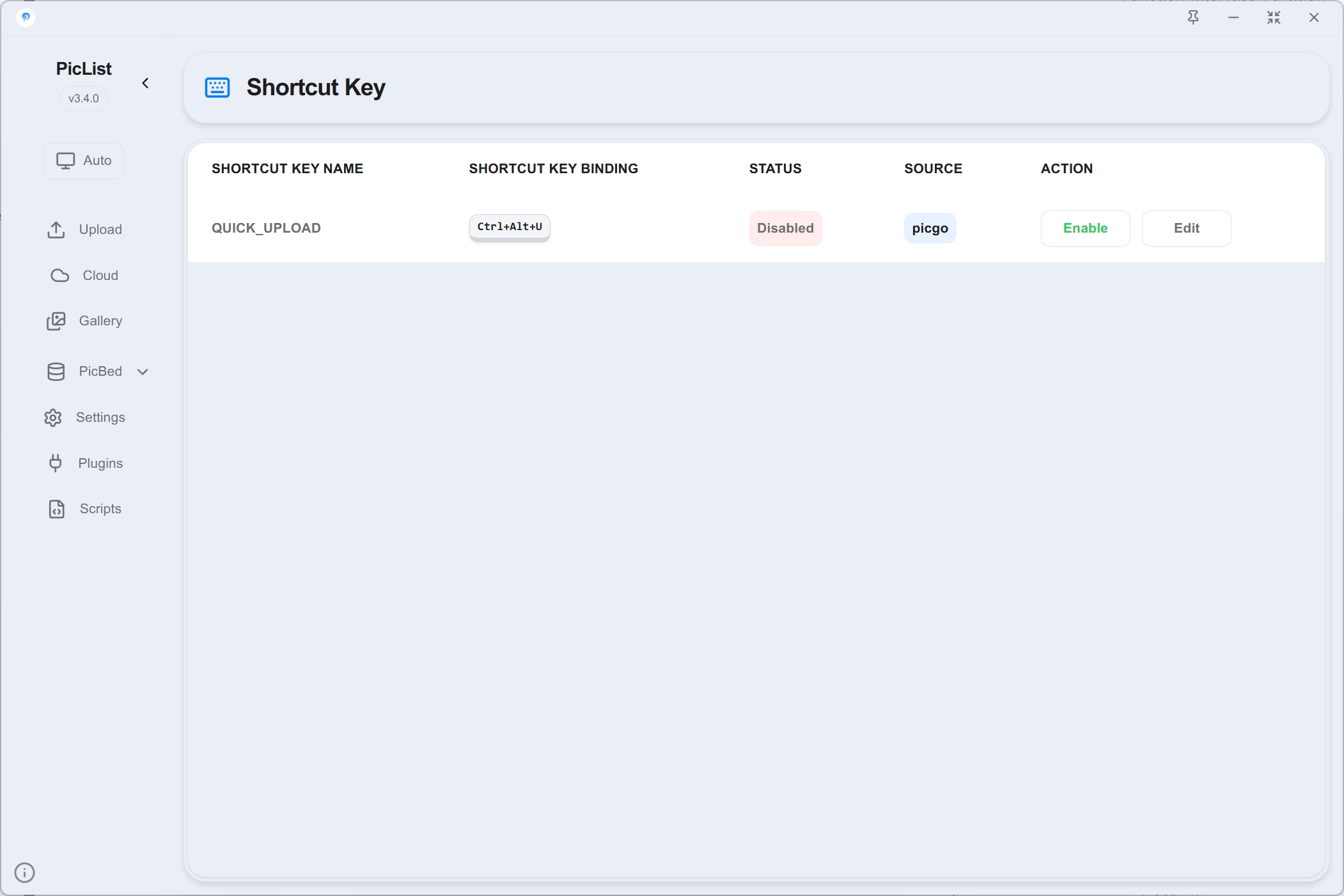 Shortcut settings panel