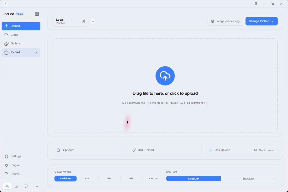 Upload drop zone and output format controls